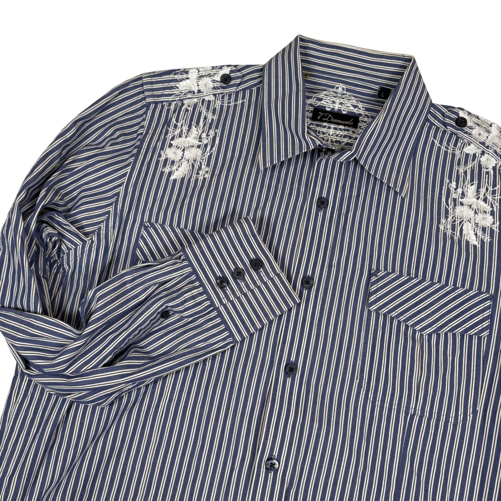 7 Diamonds‎ Mens L Button Down Western Shirt LS Blue Striped Floral Embroidery